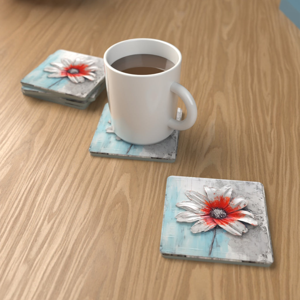 White & Red Flower on Pale Blue Square Glass Coasters – Set of 6 – lifestyle mockup with a mug of coffee
