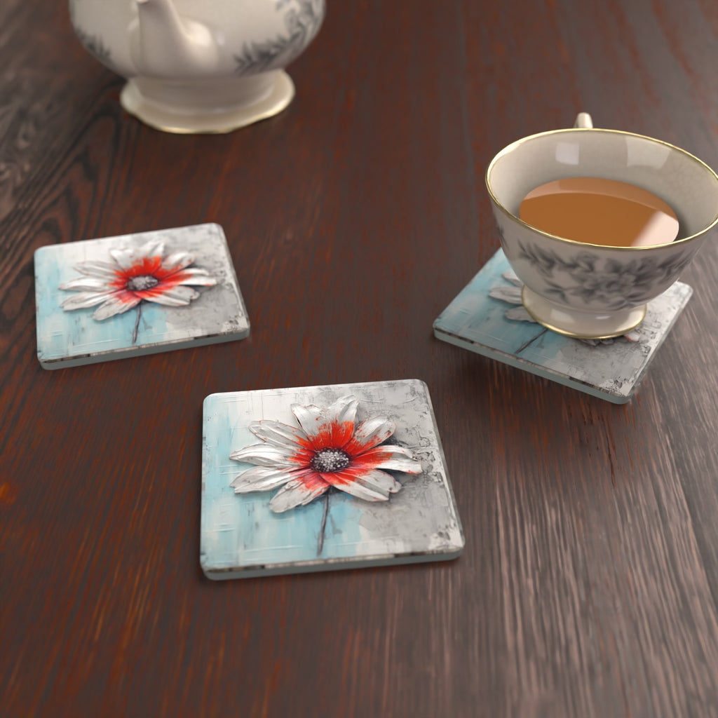 White & Red Flower on Pale Blue Square Glass Coasters – Set of 6 – lifestyle mockup with a teacup