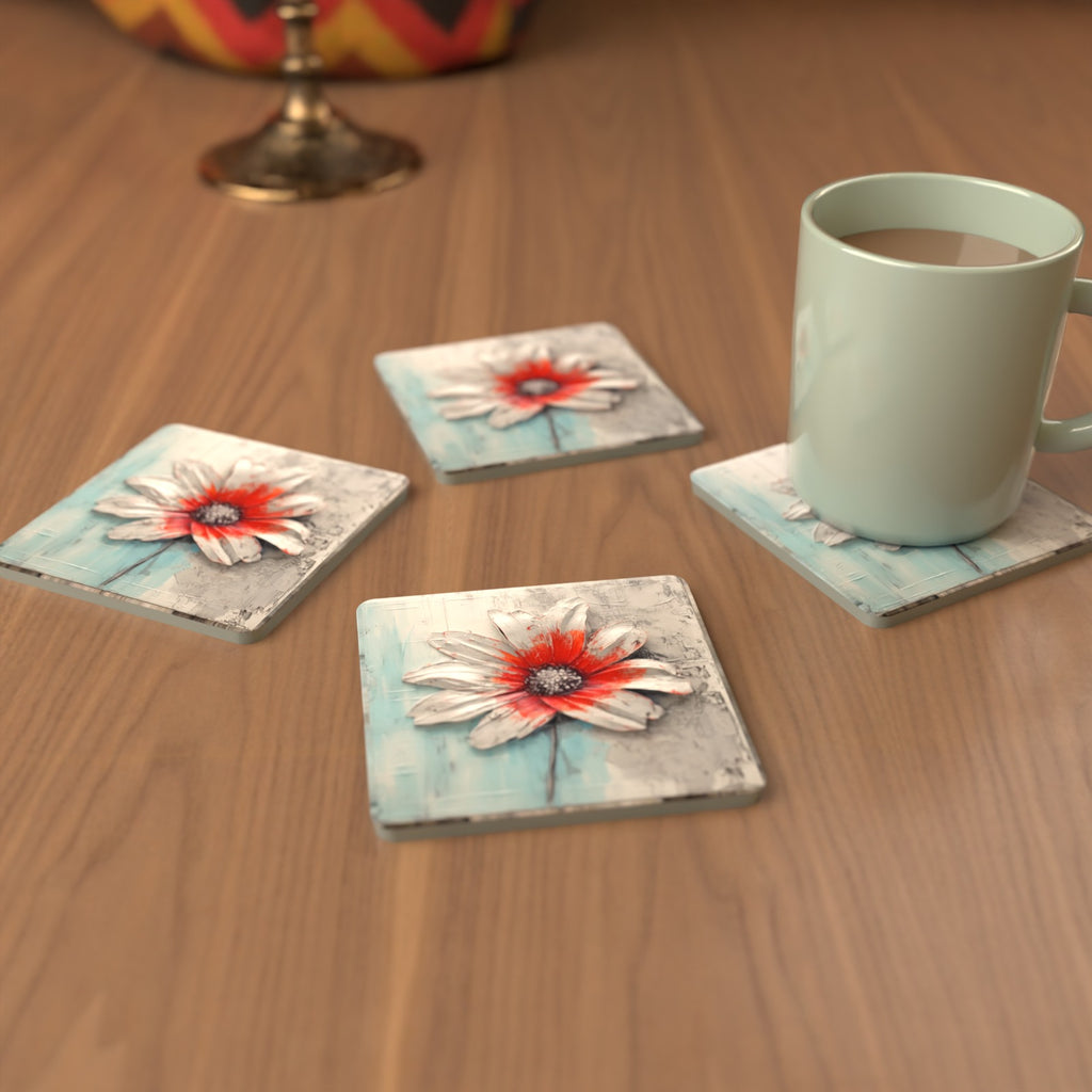 White & Red Flower on Pale Blue Square Glass Coasters – Set of 6 – cosy lifestyle mockup