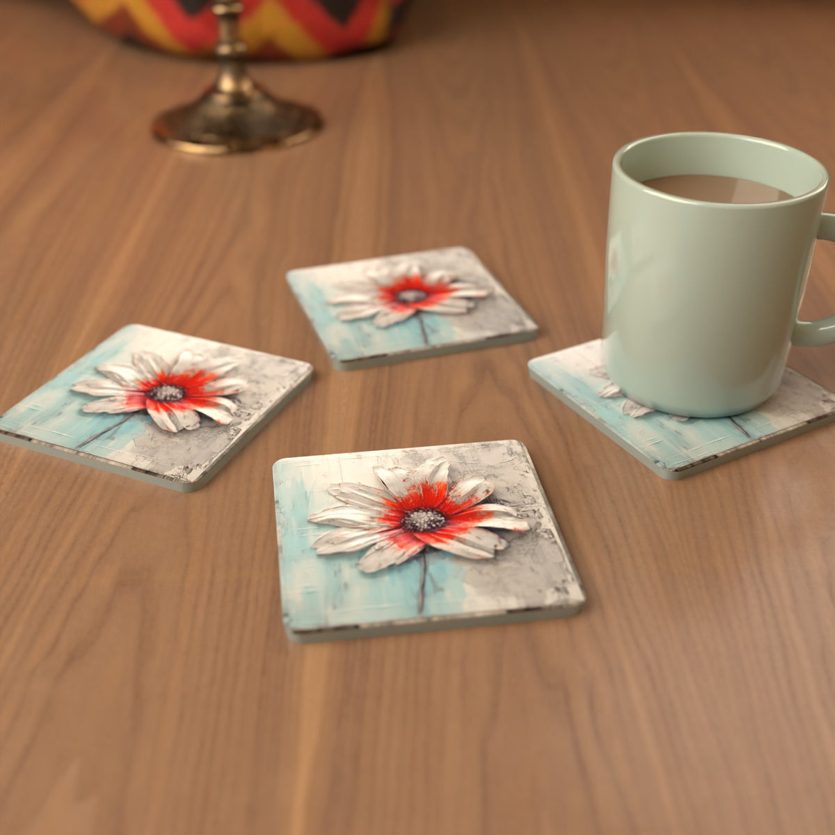 White & Red Flower on Pale Blue Square Glass Coasters – Set of 6 – cosy lifestyle mockup