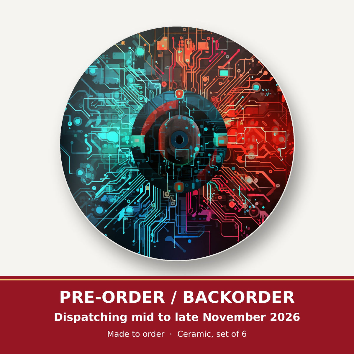 Circuit Board Abstract round ceramic coaster set of 6 – pre-order / backorder, dispatching mid to late November 2026