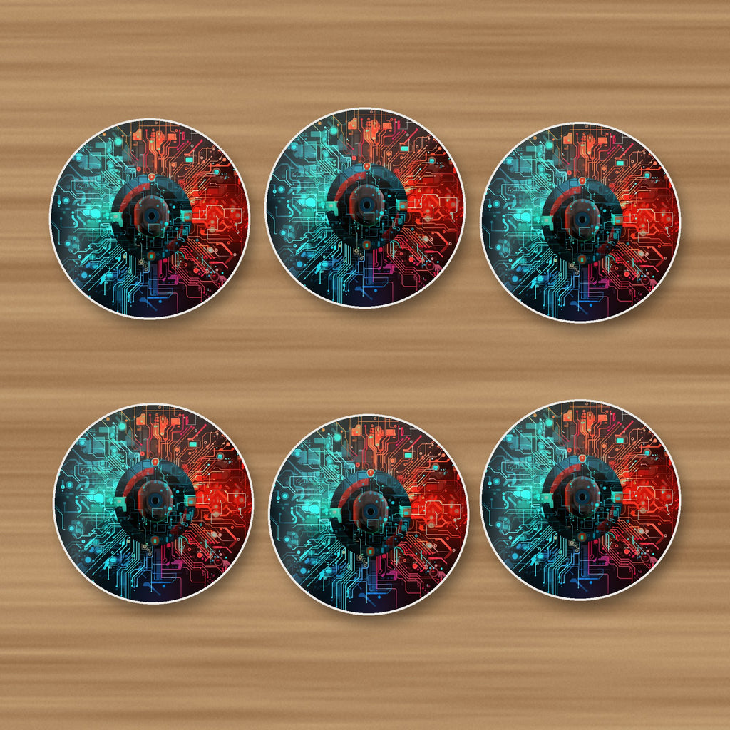 Circuit Board Abstract round ceramic coasters, set of 6, on an oak coffee table