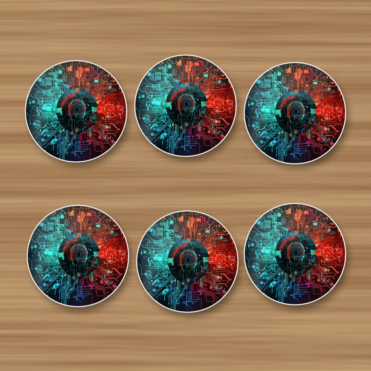 Circuit Board Abstract round ceramic coasters, set of 6, on an oak coffee table