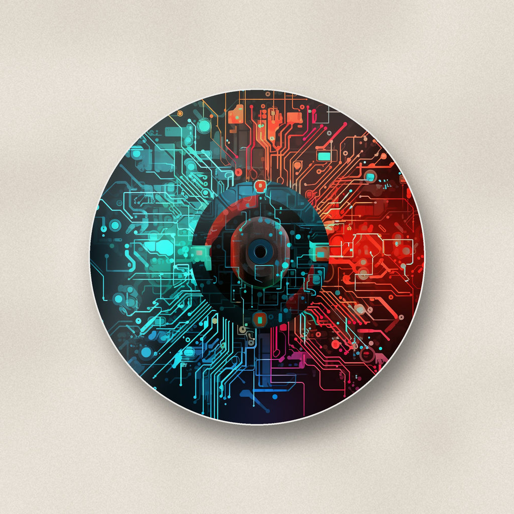 Close-up of one circuit board abstract round ceramic coaster, flat UV print