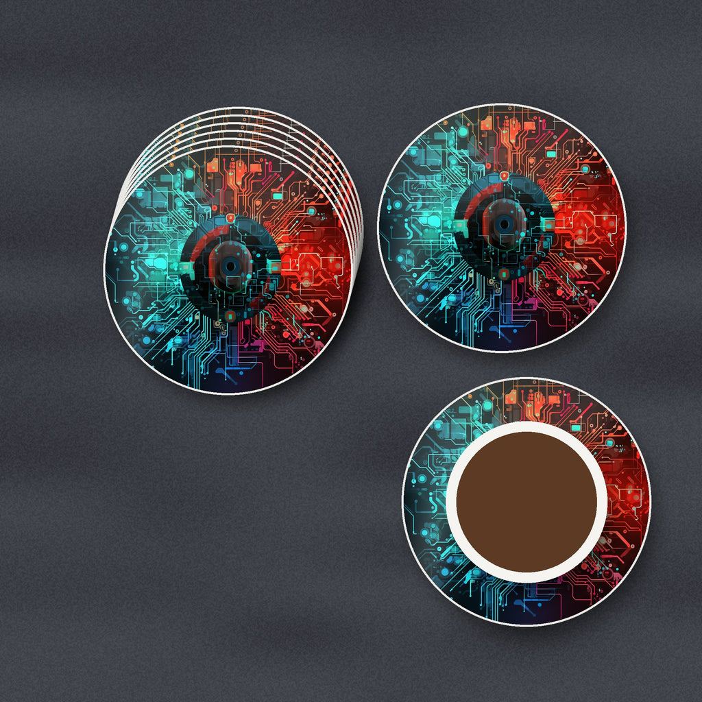 Circuit Board Abstract round ceramic coasters stacked on a slate kitchen worktop