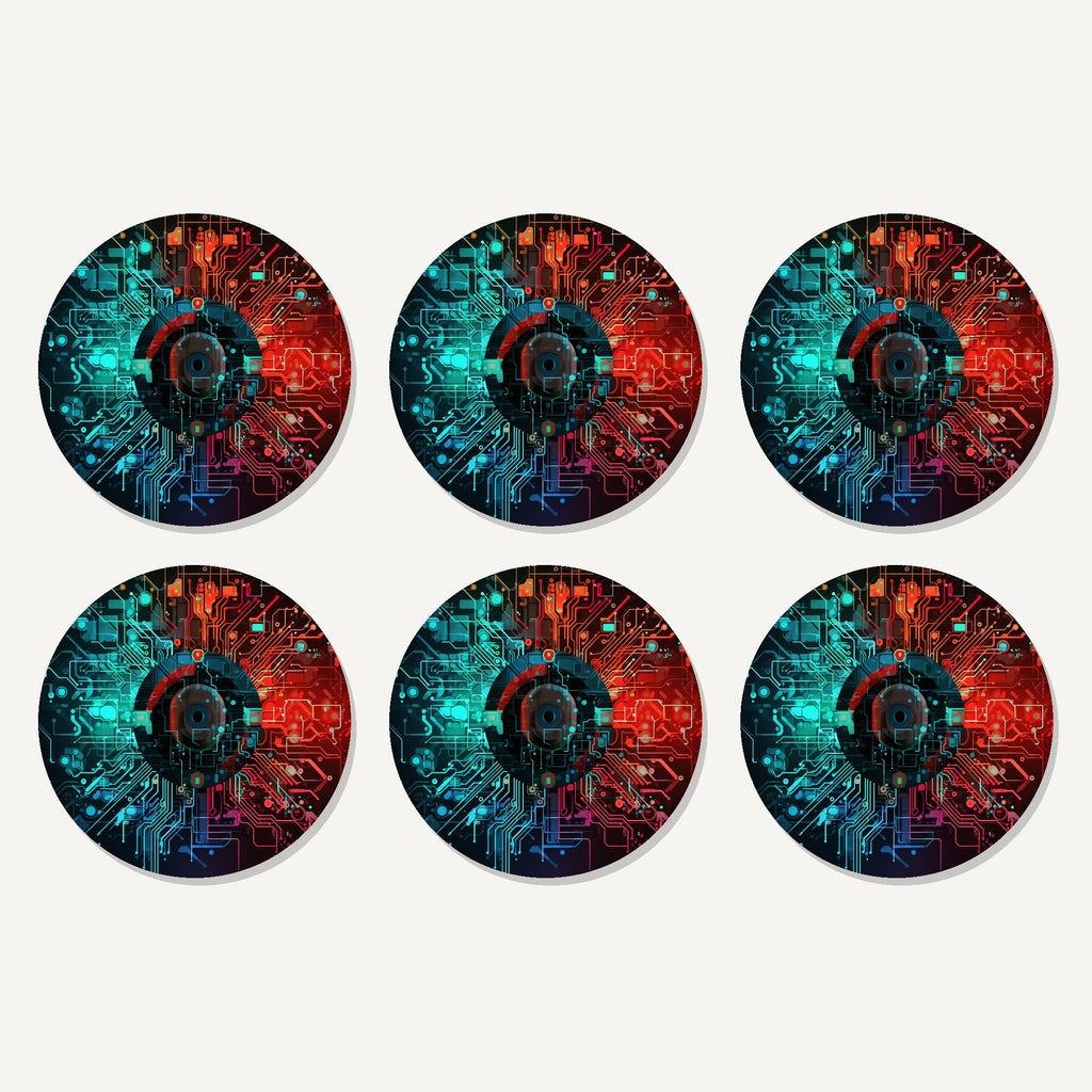 Flat lay of the circuit board abstract artwork on six round coasters