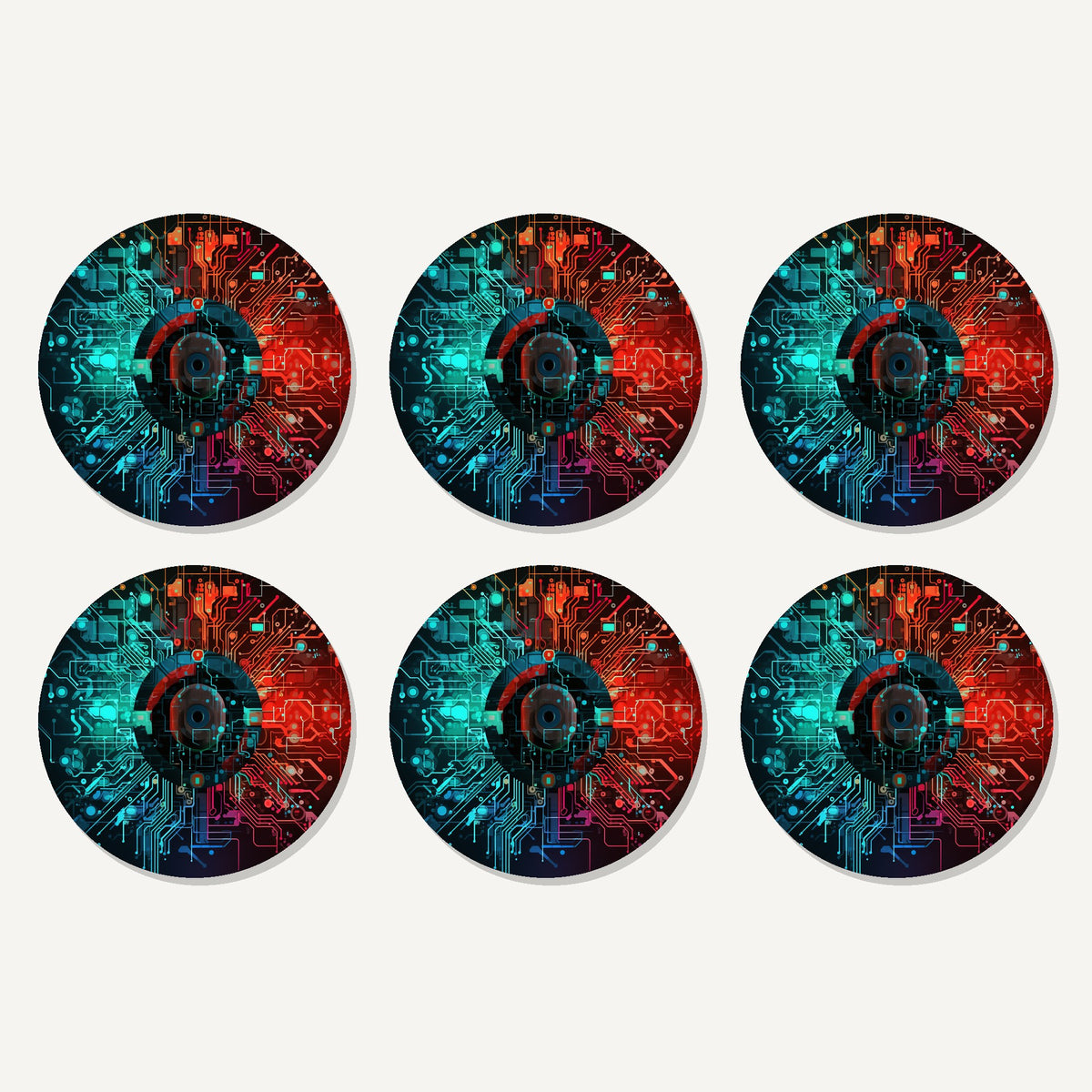 Flat lay of the circuit board abstract artwork on six round coasters