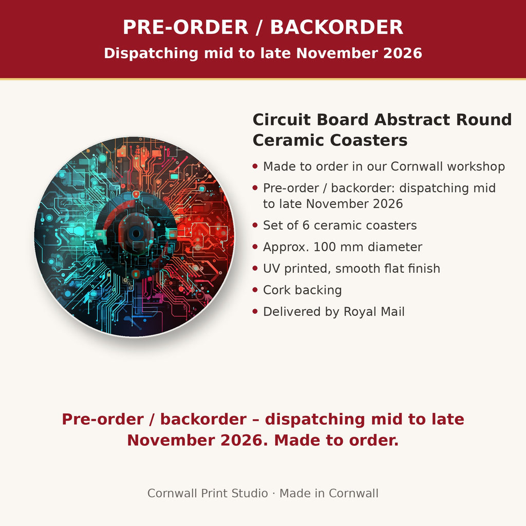 Info card: Circuit Board Abstract Round Ceramic Coasters – Set of 6, made to order, dispatching mid to late November 2026, delivered by Royal Mail