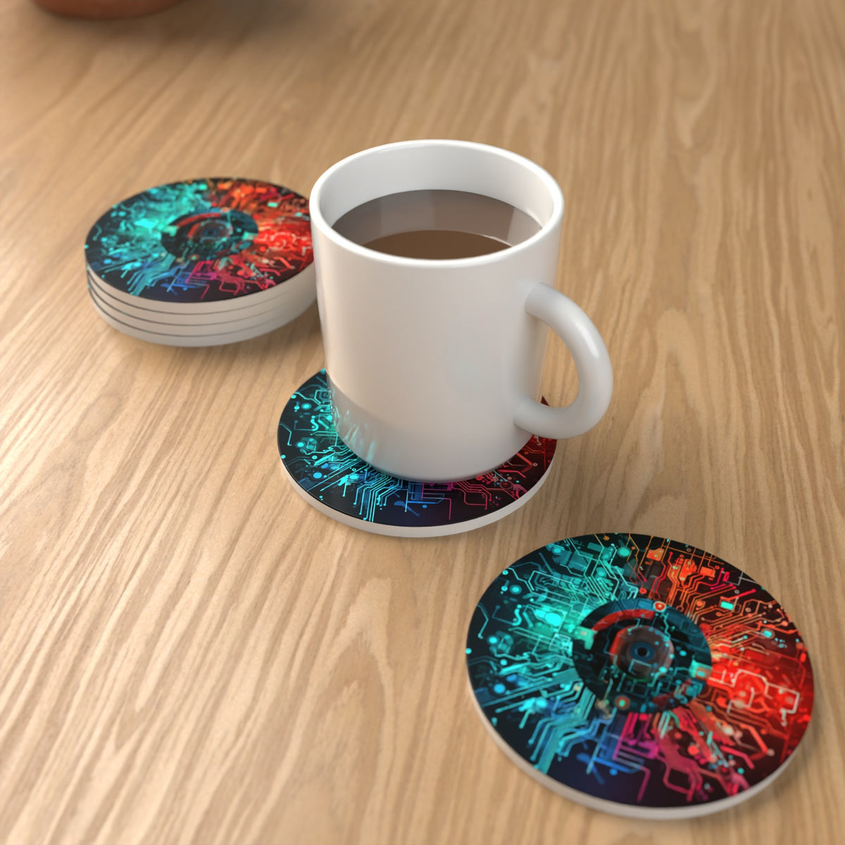 Circuit Board Abstract Round Ceramic Coasters – Set of 6 – lifestyle mockup with a mug of coffee