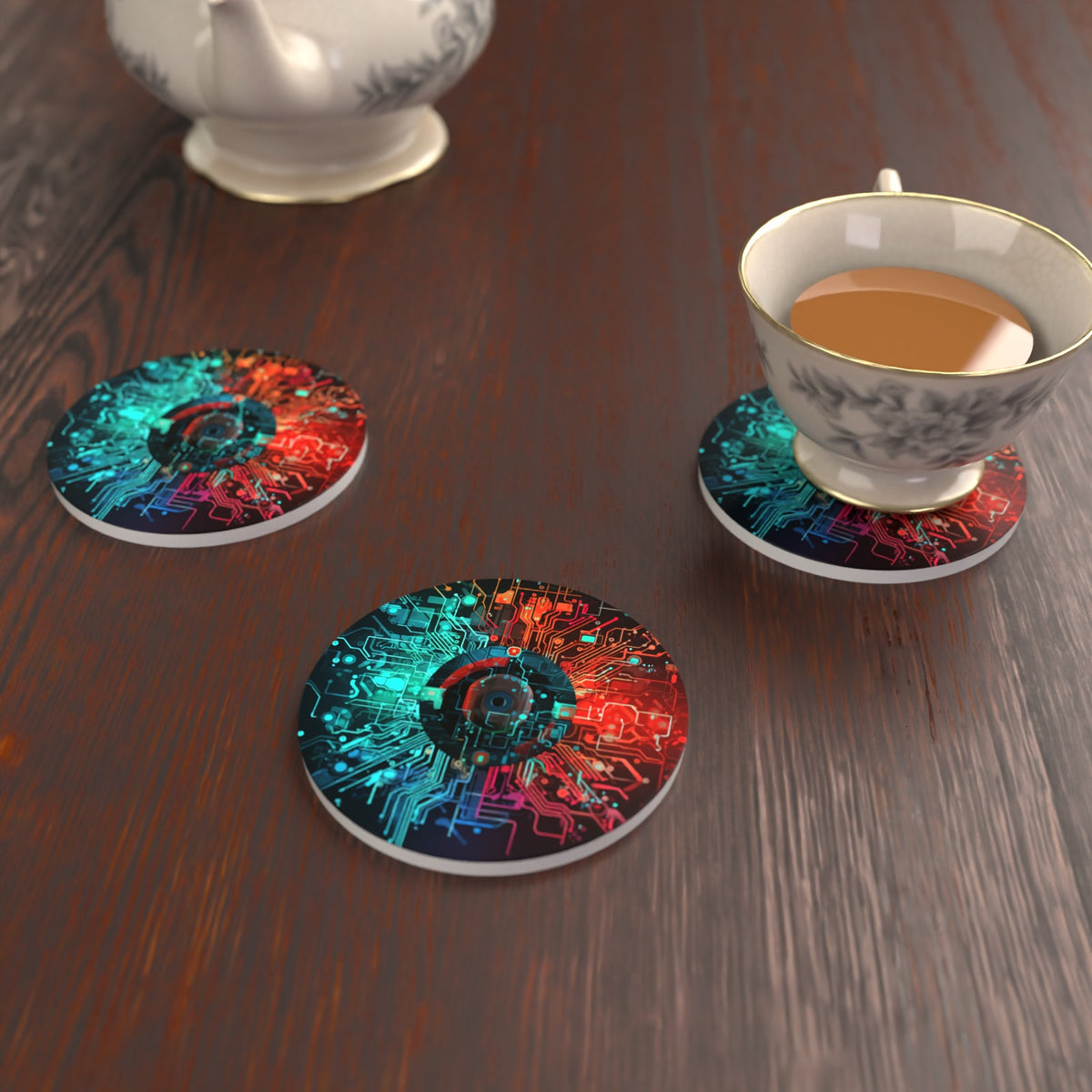 Circuit Board Abstract Round Ceramic Coasters – Set of 6 – lifestyle mockup with a teacup