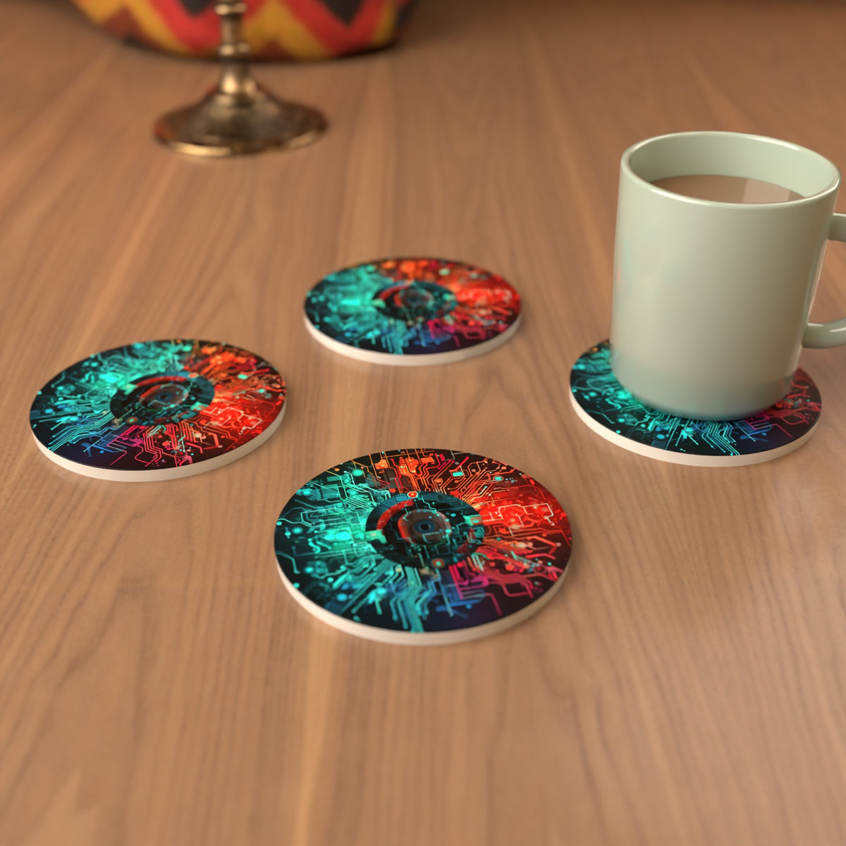 Circuit Board Abstract Round Ceramic Coasters – Set of 6 – cosy lifestyle mockup