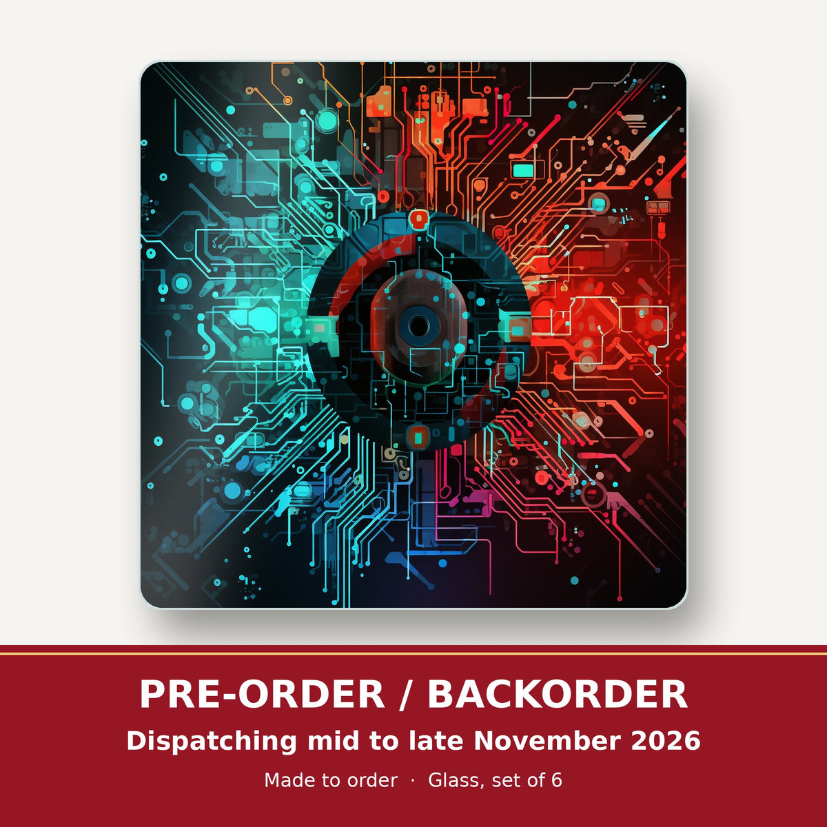 Circuit Board Abstract square glass coaster set of 6 – pre-order / backorder, dispatching mid to late November 2026