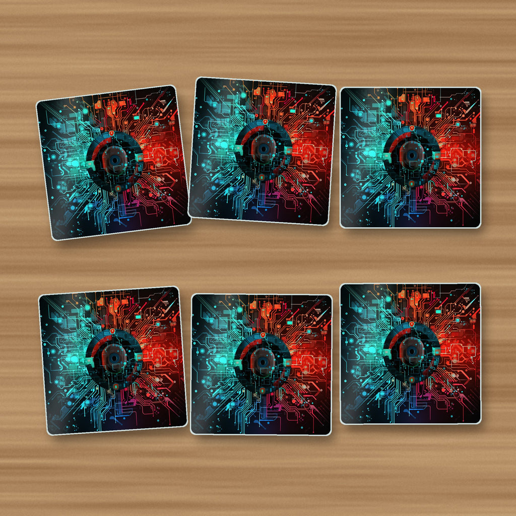 Circuit Board Abstract square glass coasters, set of 6, on an oak coffee table