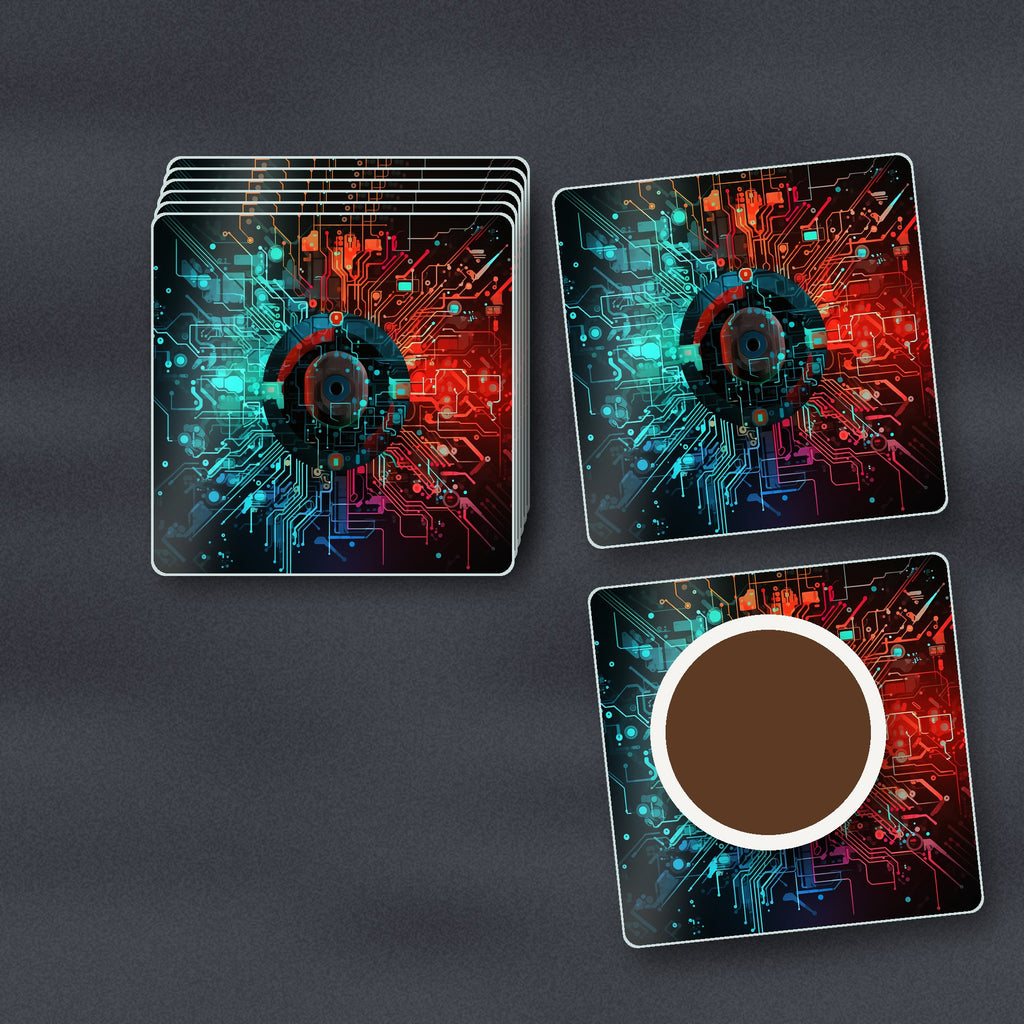 Circuit Board Abstract square glass coasters stacked on a slate kitchen worktop