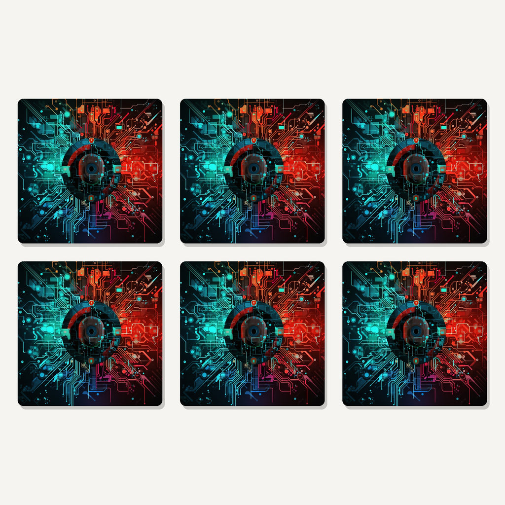 Flat lay of the circuit board abstract artwork on six square coasters