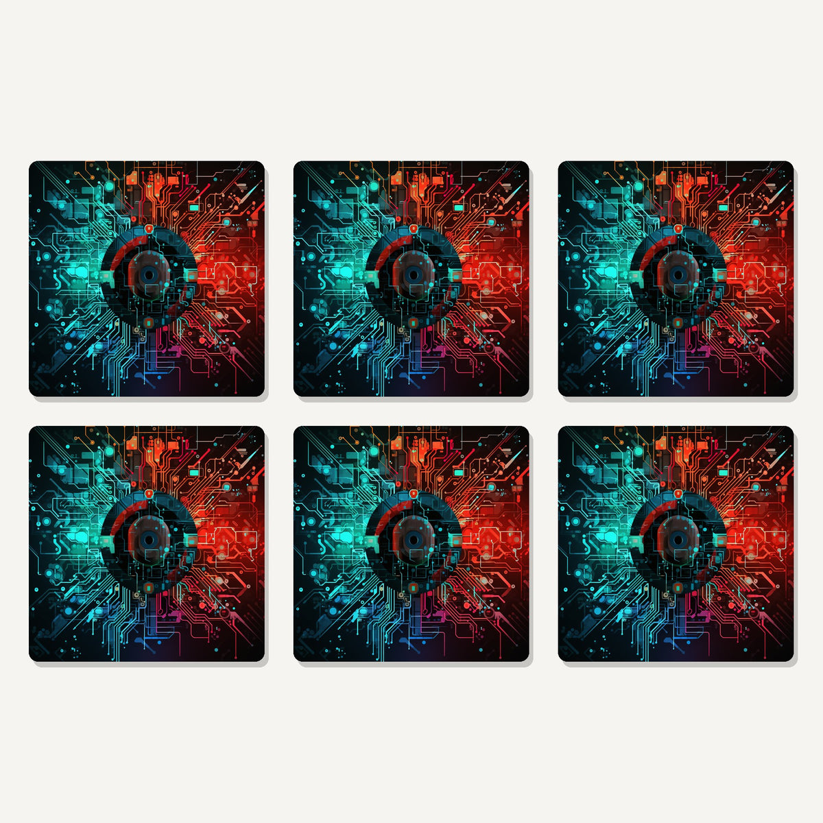Flat lay of the circuit board abstract artwork on six square coasters