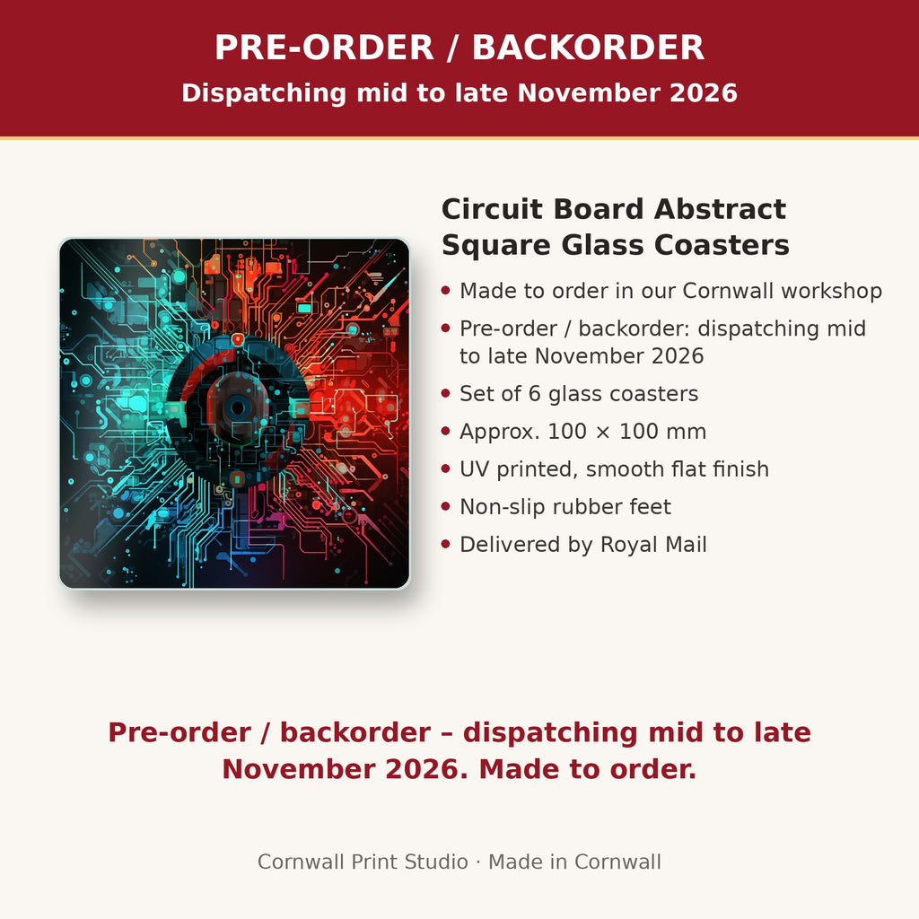 Info card: Circuit Board Abstract Square Glass Coasters – Set of 6, made to order, dispatching mid to late November 2026, delivered by Royal Mail
