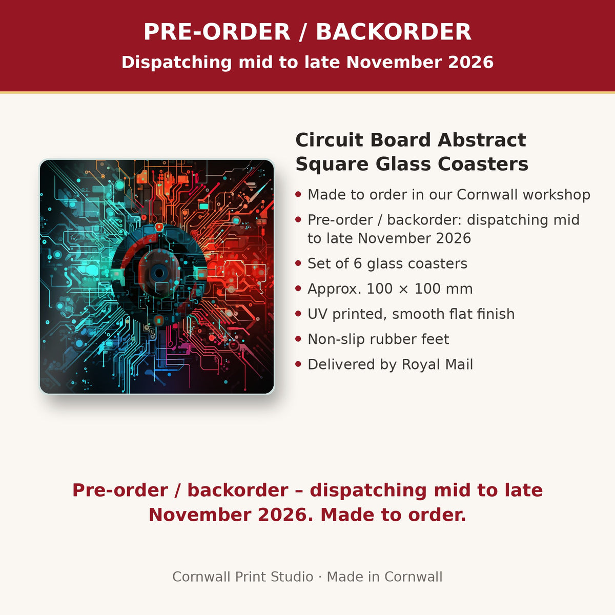 Info card: Circuit Board Abstract Square Glass Coasters – Set of 6, made to order, dispatching mid to late November 2026, delivered by Royal Mail