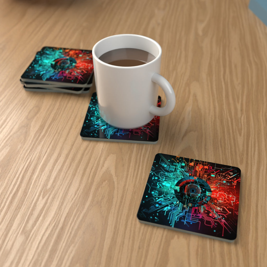Circuit Board Abstract Square Glass Coasters – Set of 6 – lifestyle mockup with a mug of coffee