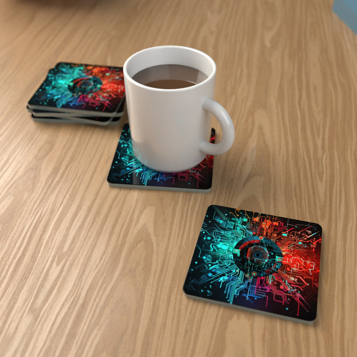 Circuit Board Abstract Square Glass Coasters – Set of 6 – lifestyle mockup with a mug of coffee