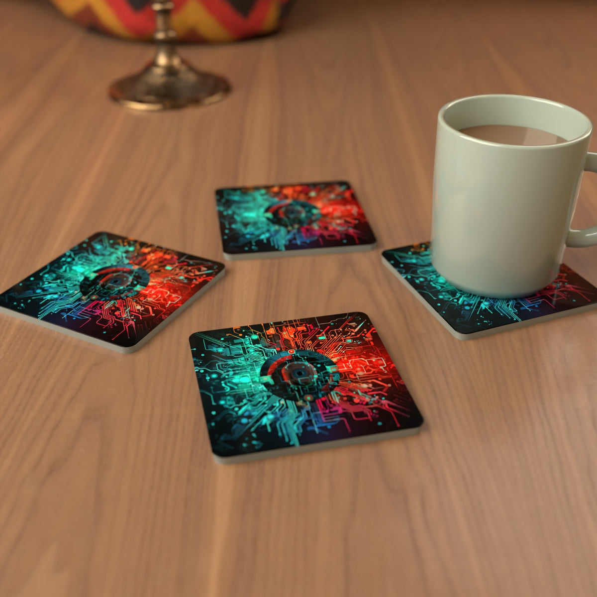 Circuit Board Abstract Square Glass Coasters – Set of 6 – cosy lifestyle mockup