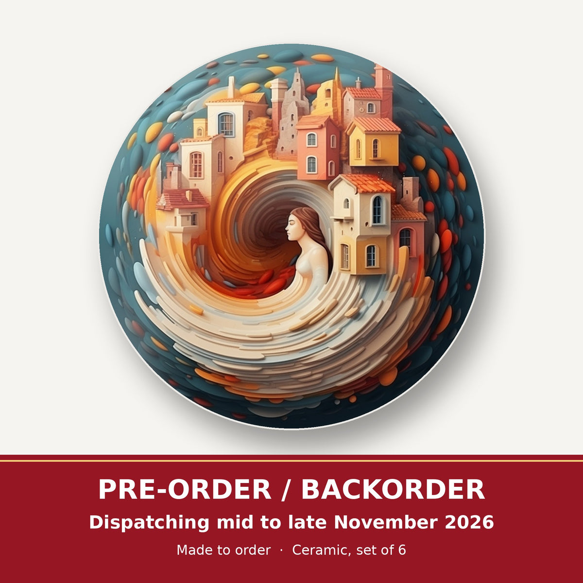 Swirling Fantasy Town round ceramic coaster set of 6 – pre-order / backorder, dispatching mid to late November 2026