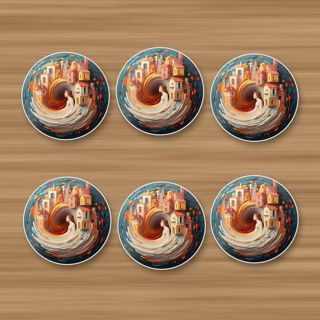 Swirling Fantasy Town round ceramic coasters, set of 6, on an oak coffee table