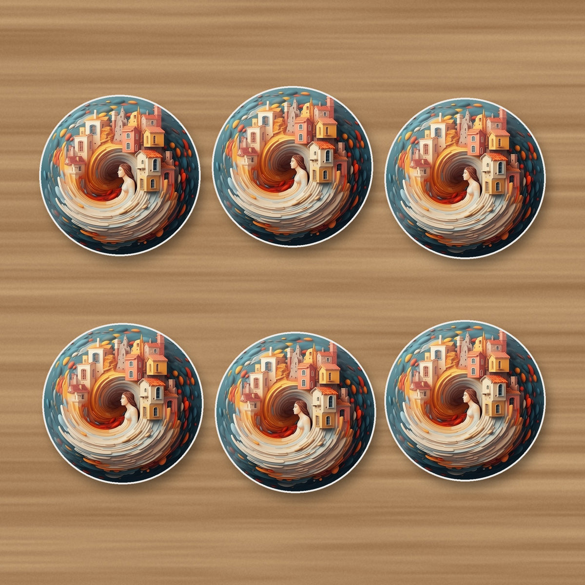 Swirling Fantasy Town round ceramic coasters, set of 6, on an oak coffee table