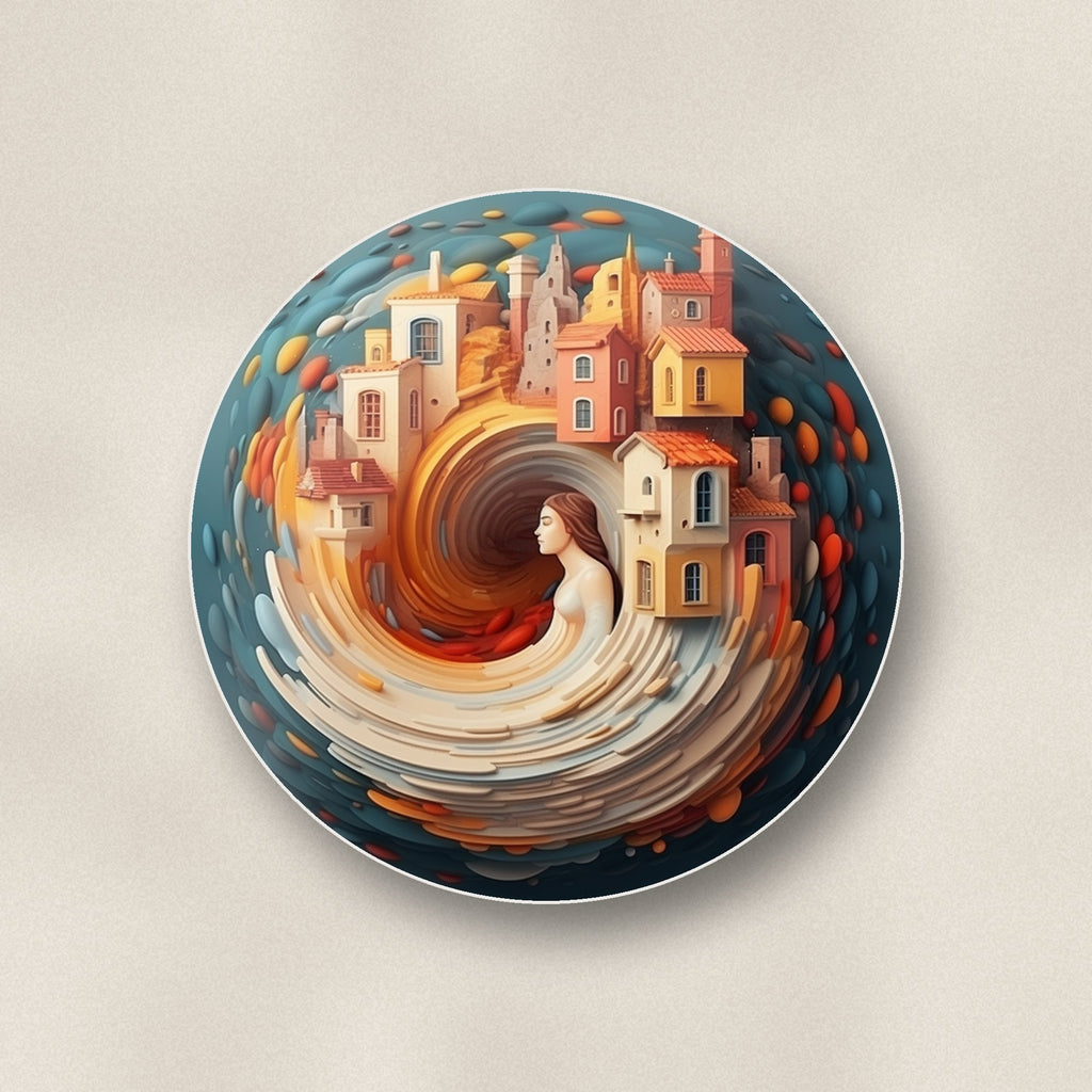 Close-up of one swirling fantasy town round ceramic coaster, flat UV print