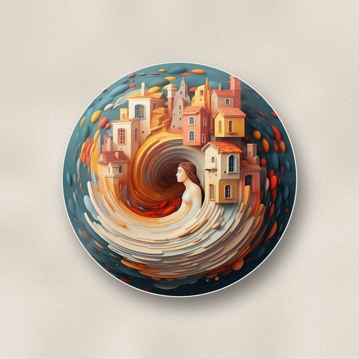 Close-up of one swirling fantasy town round ceramic coaster, flat UV print