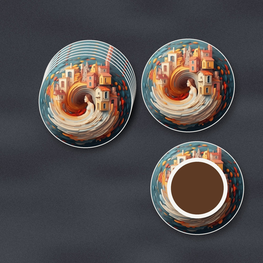 Swirling Fantasy Town round ceramic coasters stacked on a slate kitchen worktop