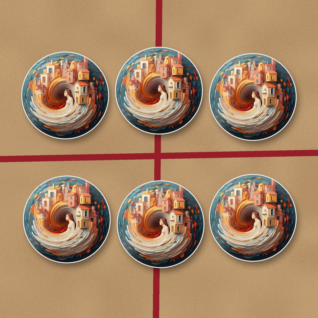 Swirling Fantasy Town round ceramic coasters on kraft gift wrap