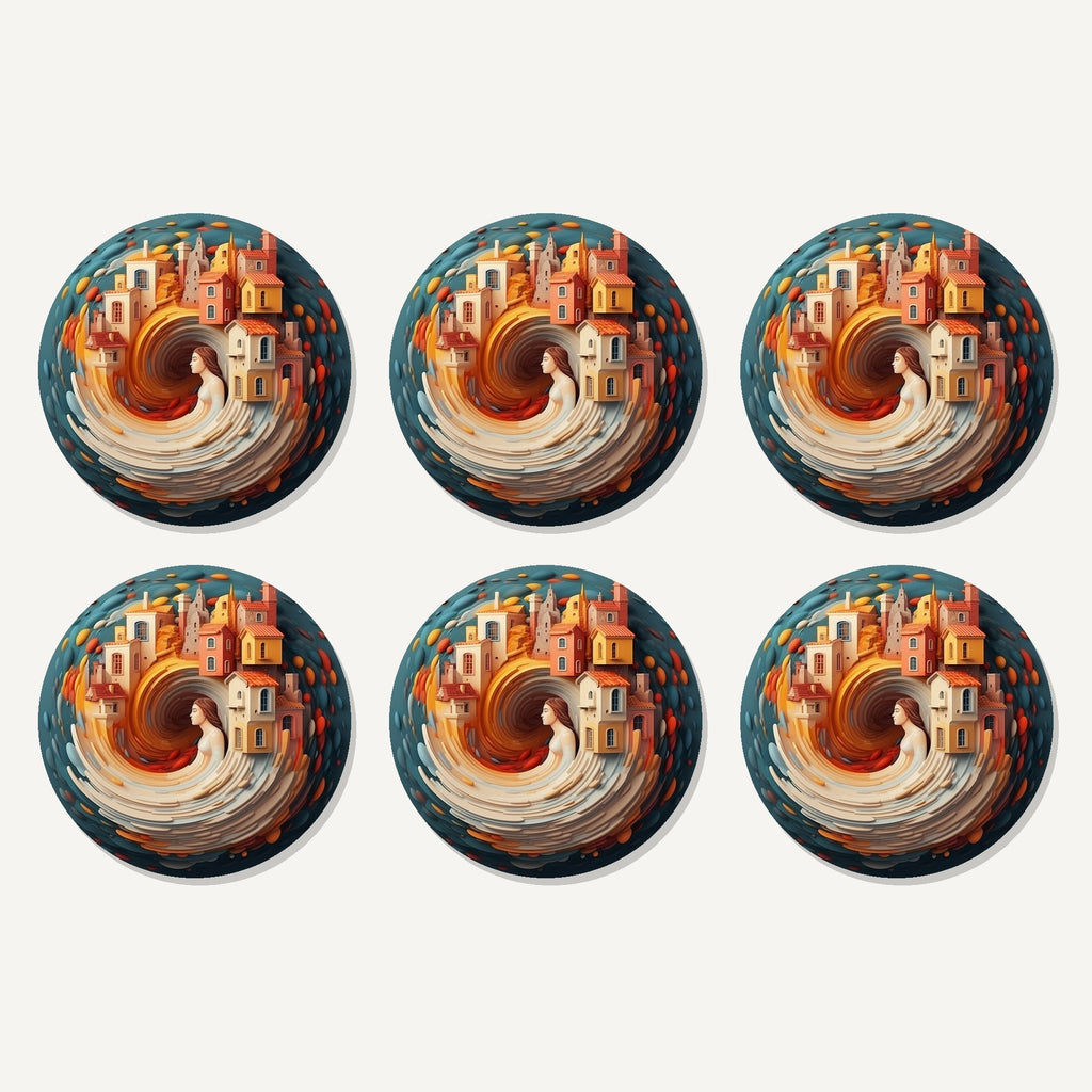 Flat lay of the swirling fantasy town artwork on six round coasters