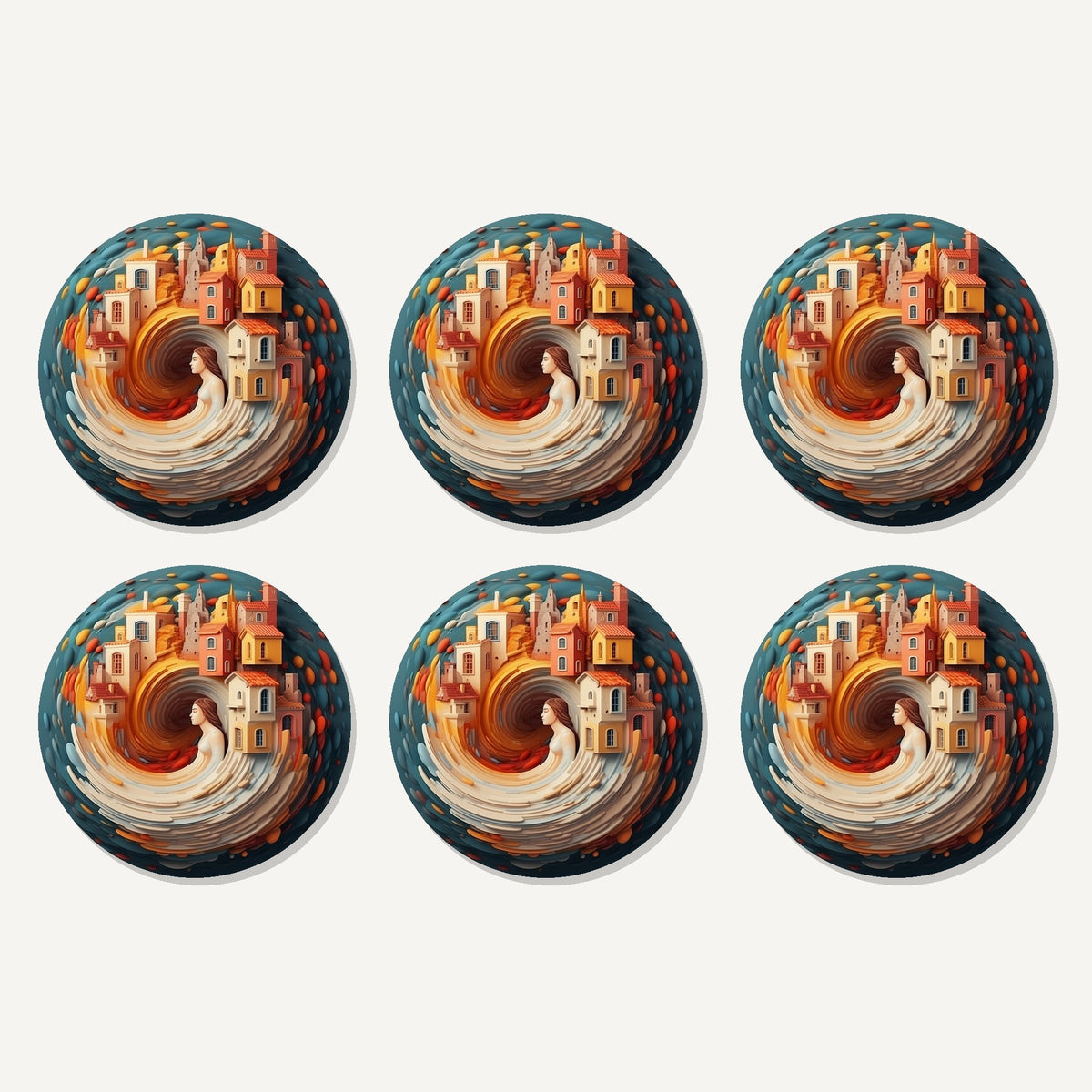Flat lay of the swirling fantasy town artwork on six round coasters