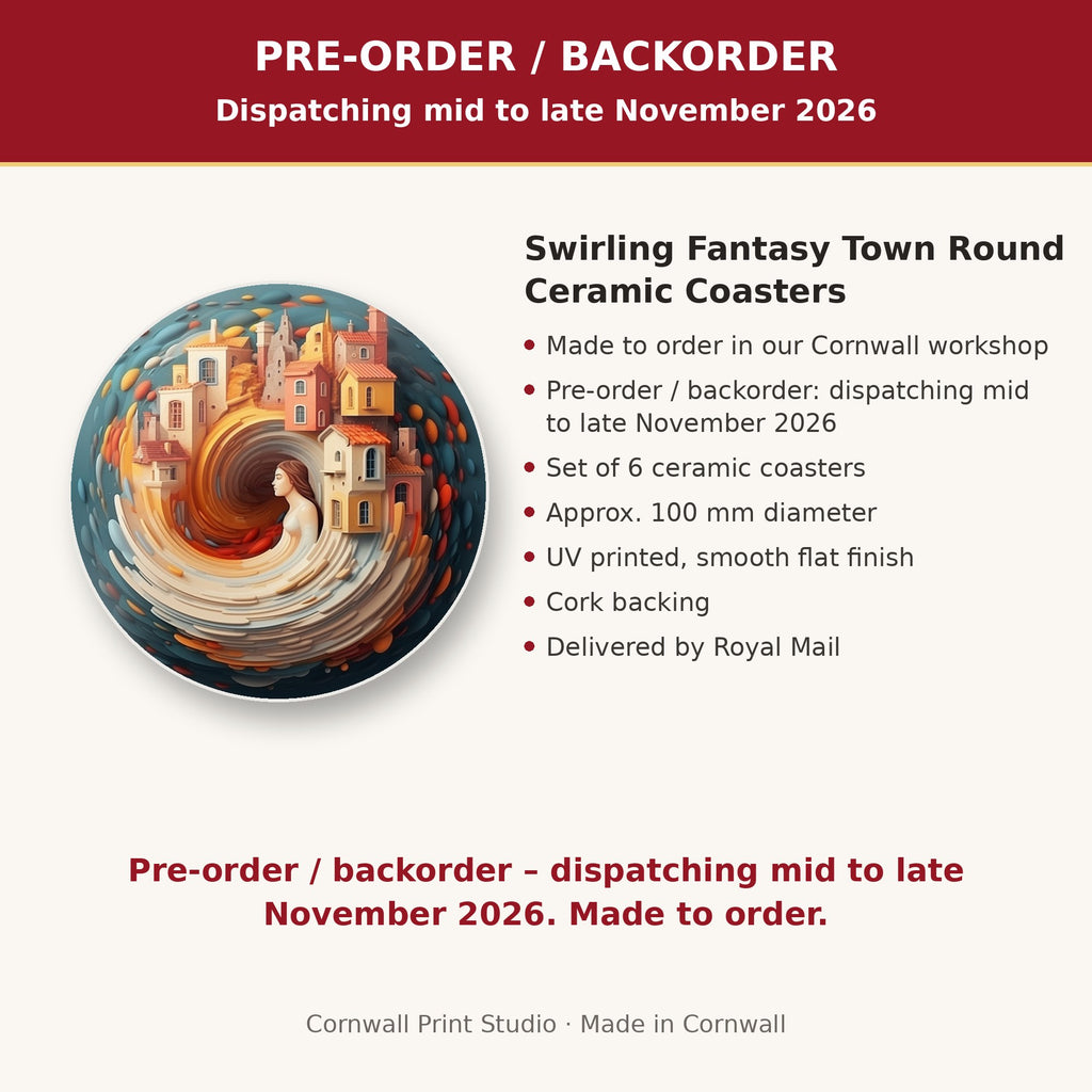 Info card: Swirling Fantasy Town Round Ceramic Coasters – Set of 6, made to order, dispatching mid to late November 2026, delivered by Royal Mail