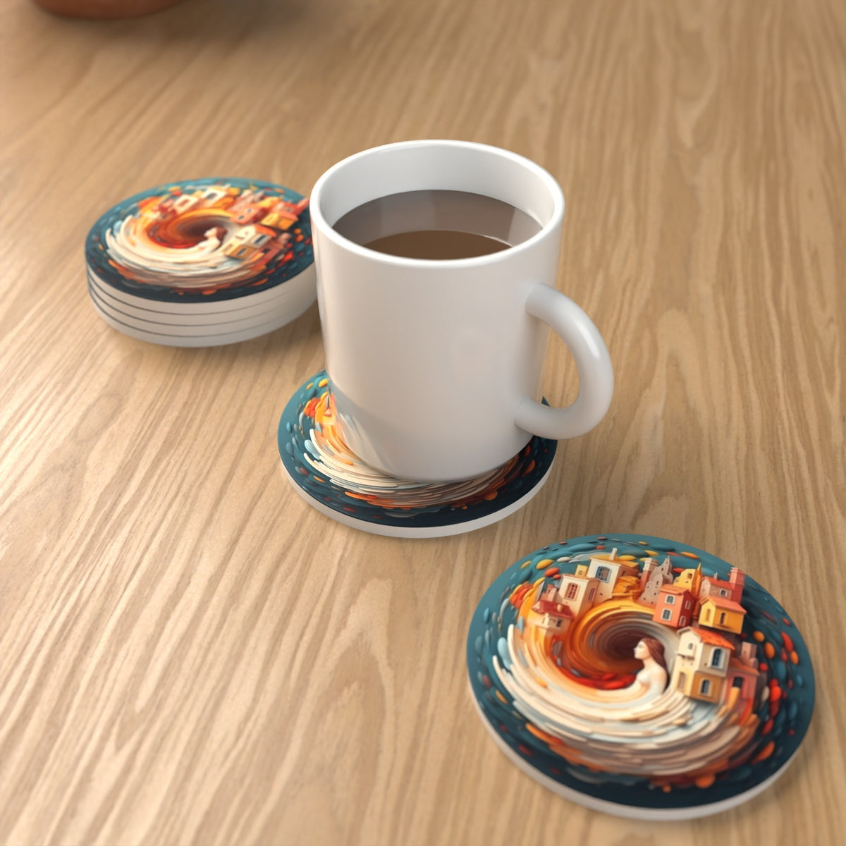 Swirling Fantasy Town Round Ceramic Coasters – Set of 6 – lifestyle mockup with a mug of coffee