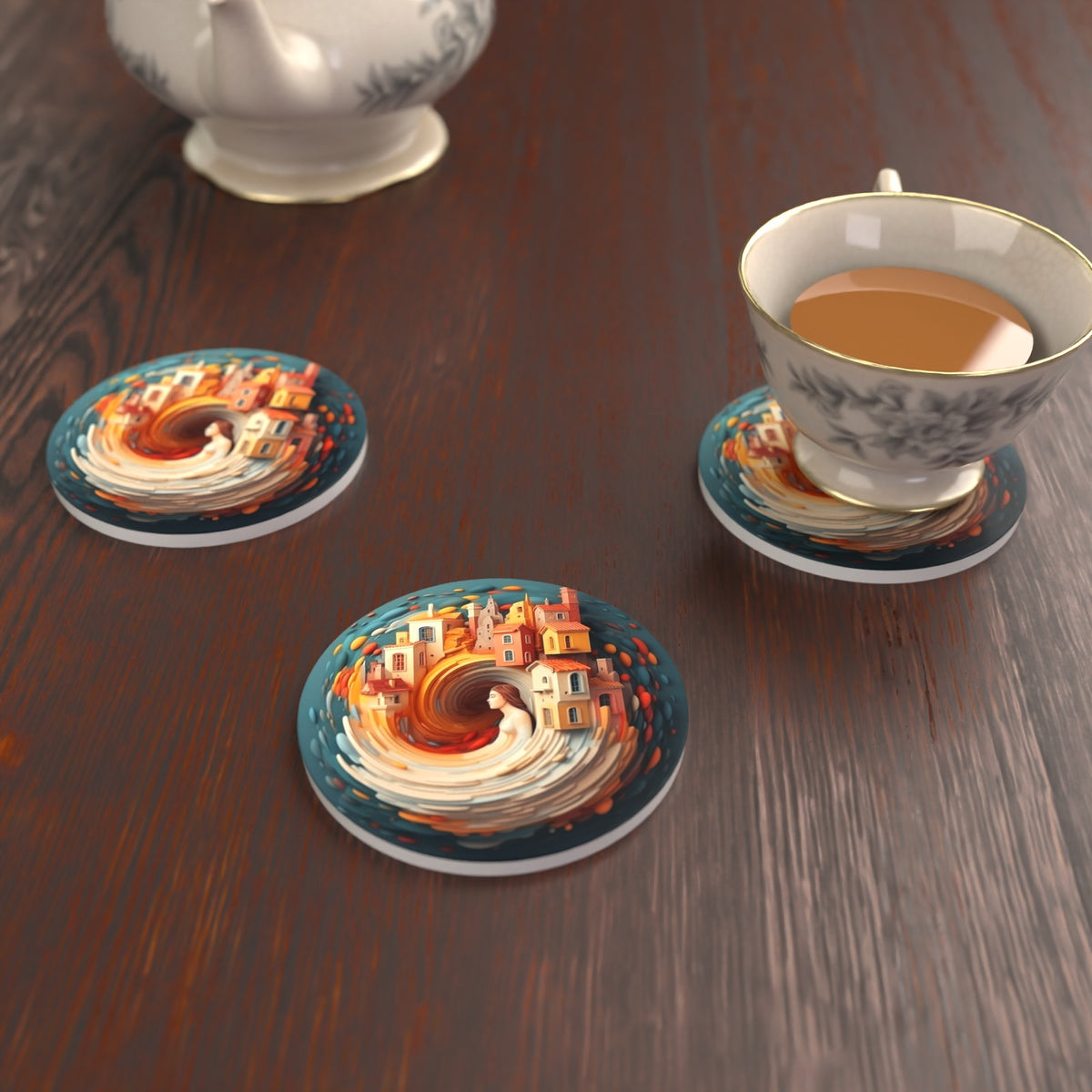 Swirling Fantasy Town Round Ceramic Coasters – Set of 6 – lifestyle mockup with a teacup