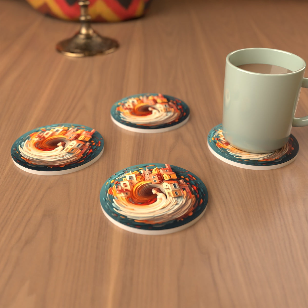 Swirling Fantasy Town Round Ceramic Coasters – Set of 6 – cosy lifestyle mockup