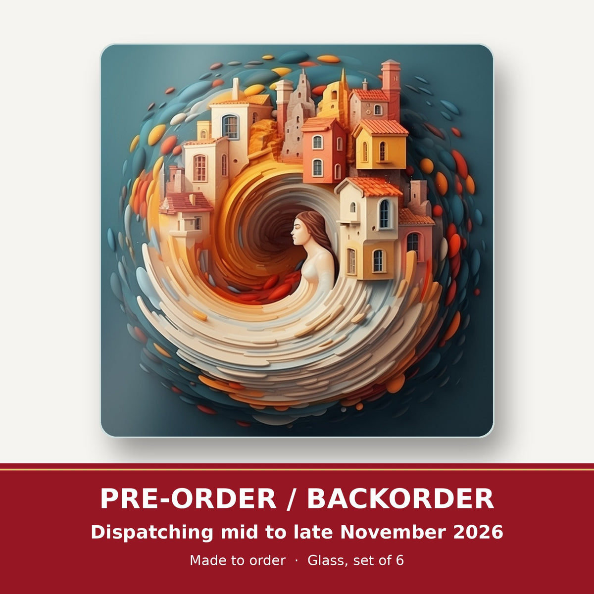 Swirling Fantasy Town square glass coaster set of 6 – pre-order / backorder, dispatching mid to late November 2026