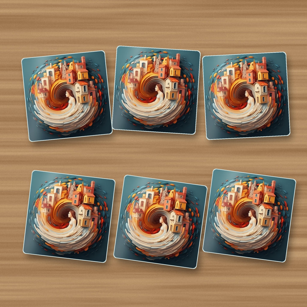 Swirling Fantasy Town square glass coasters, set of 6, on an oak coffee table