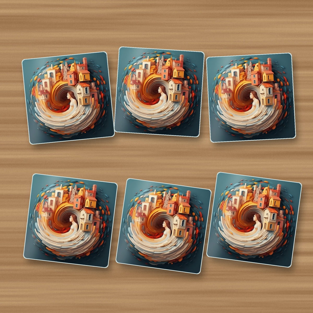 Swirling Fantasy Town square glass coasters, set of 6, on an oak coffee table