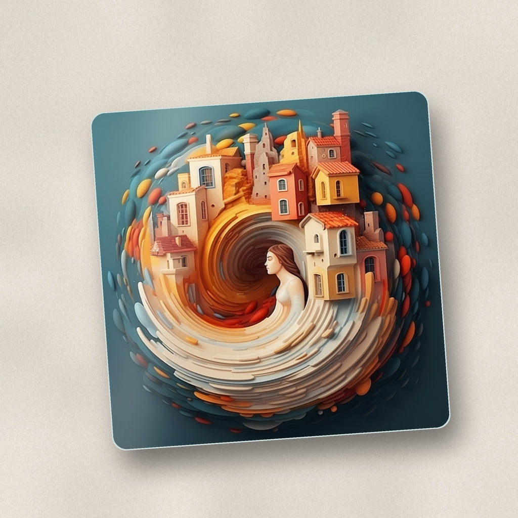 Close-up of one swirling fantasy town square glass coaster, flat UV print