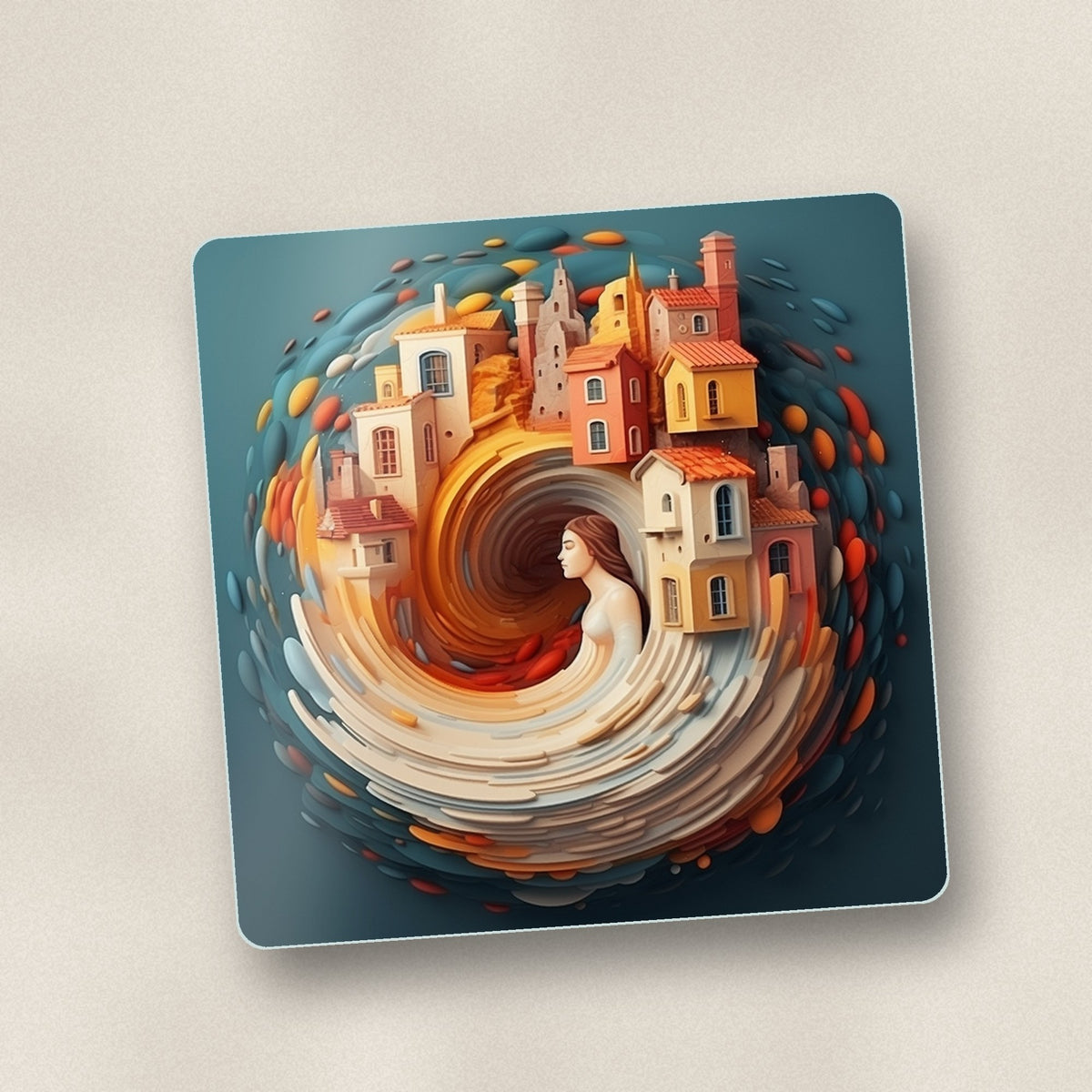 Close-up of one swirling fantasy town square glass coaster, flat UV print