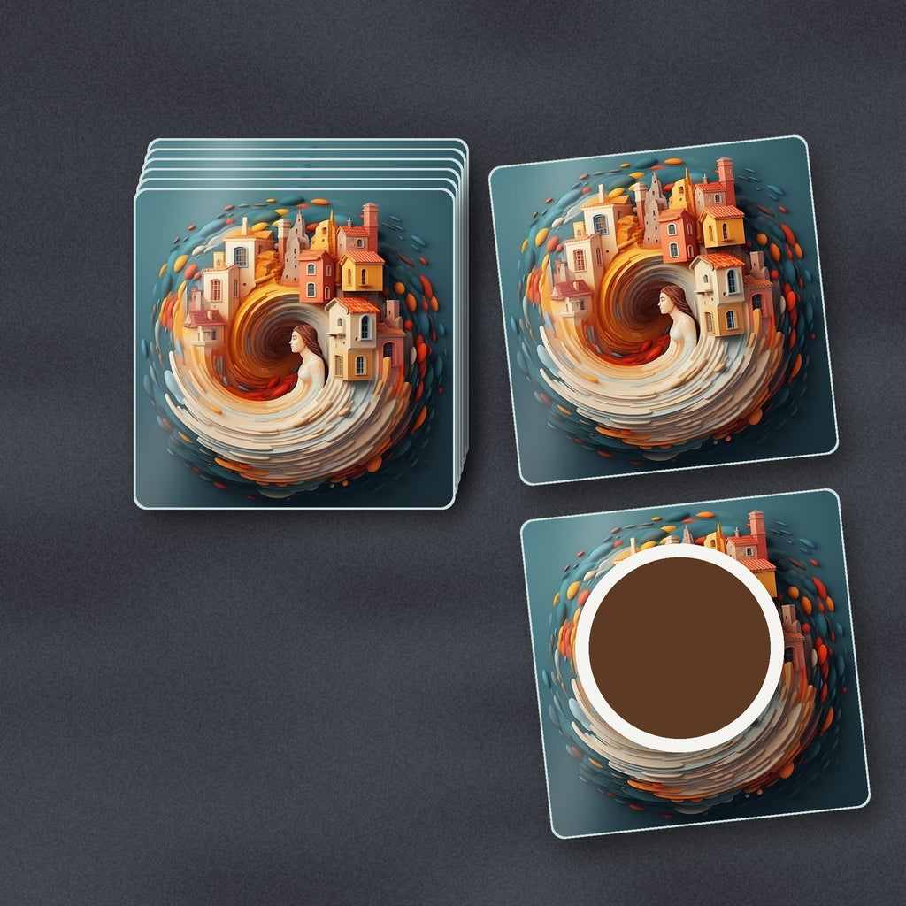Swirling Fantasy Town square glass coasters stacked on a slate kitchen worktop