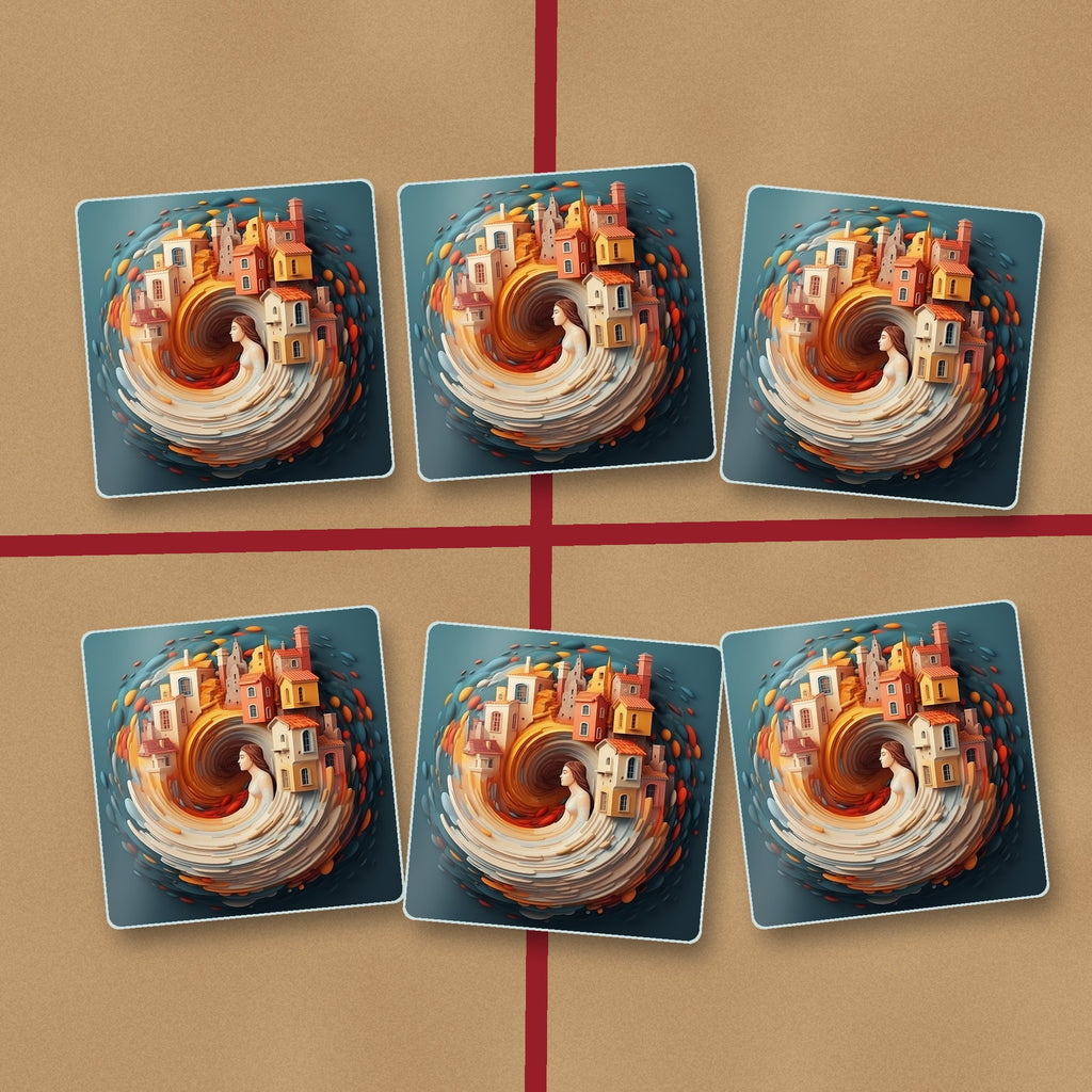 Swirling Fantasy Town square glass coasters on kraft gift wrap
