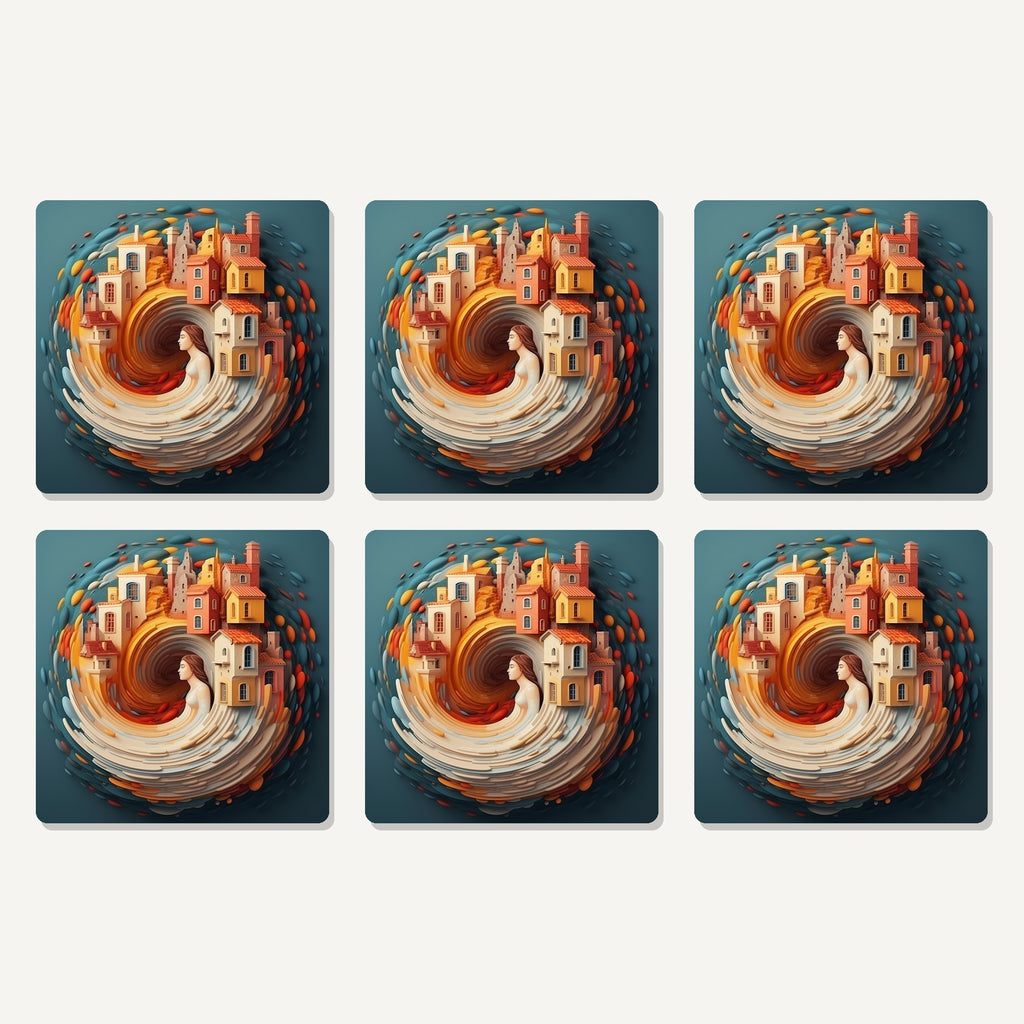 Flat lay of the swirling fantasy town artwork on six square coasters