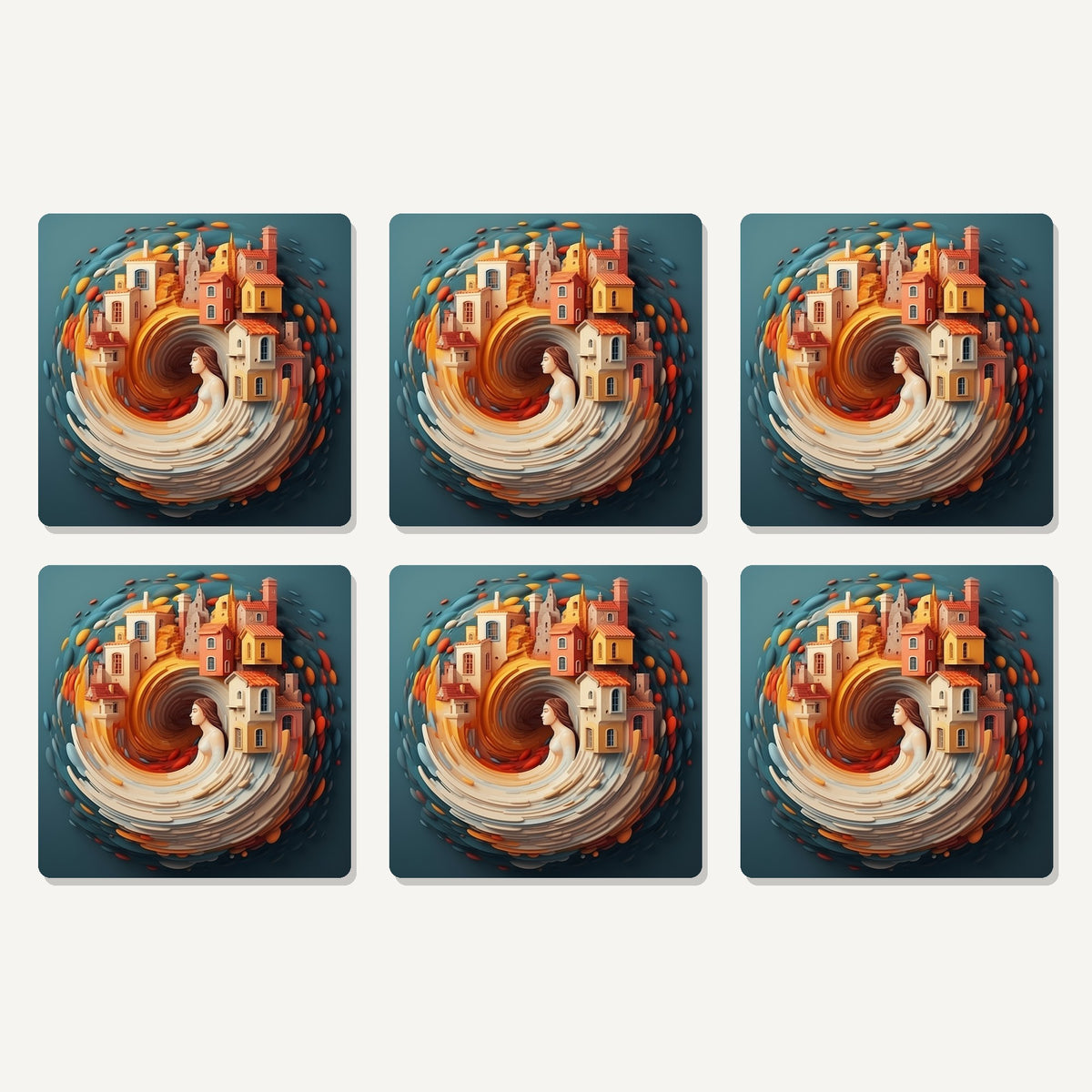 Flat lay of the swirling fantasy town artwork on six square coasters