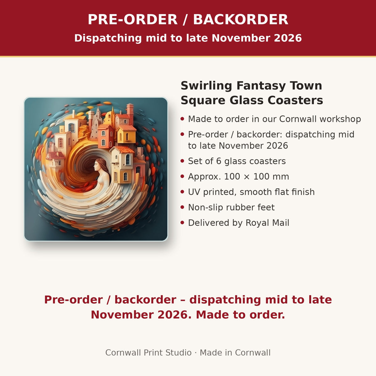 Info card: Swirling Fantasy Town Square Glass Coasters – Set of 6, made to order, dispatching mid to late November 2026, delivered by Royal Mail