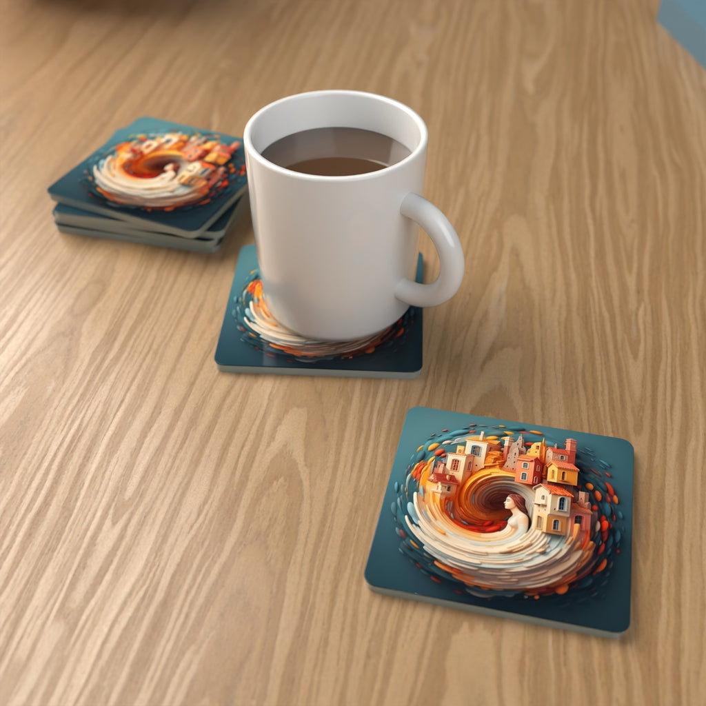 Swirling Fantasy Town Square Glass Coasters – Set of 6 – lifestyle mockup with a mug of coffee