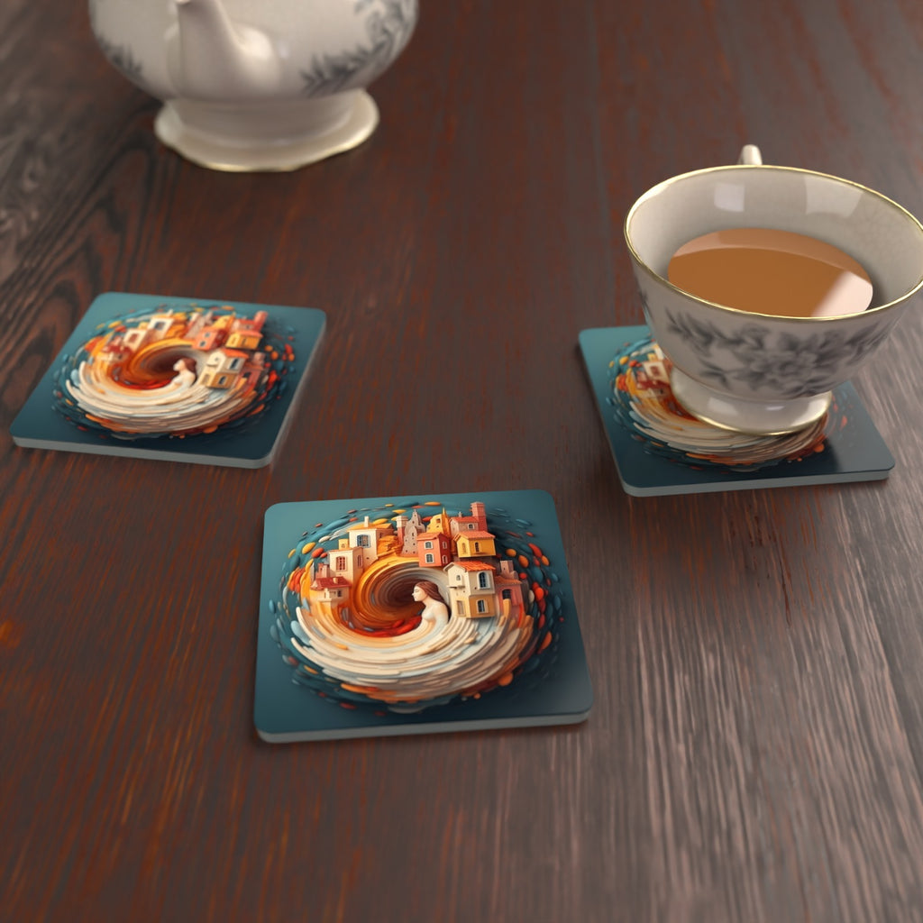 Swirling Fantasy Town Square Glass Coasters – Set of 6 – lifestyle mockup with a teacup